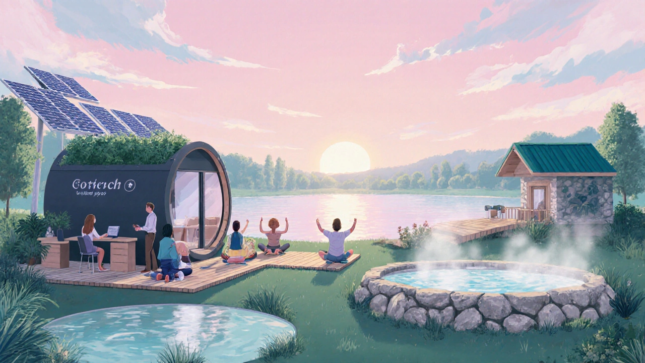 Eco‑resort s coworkingovým prostorem, jógou a wellness.