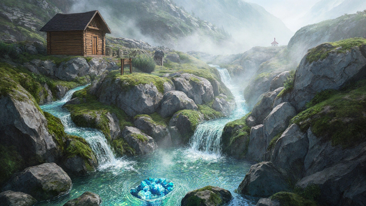 Zdroj léčivé vody pod Sněžkou, kde voda vytéká skrz staré skalní vrstvy do potoků.