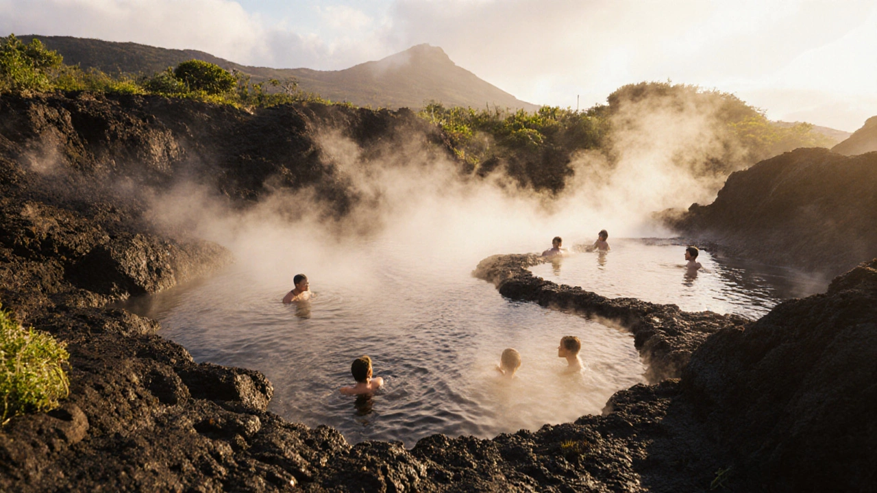 Geotermální bazény Termas da Boa Nova s párou a teplou vodou, lidé se koupají v mírném mlhavém světle.