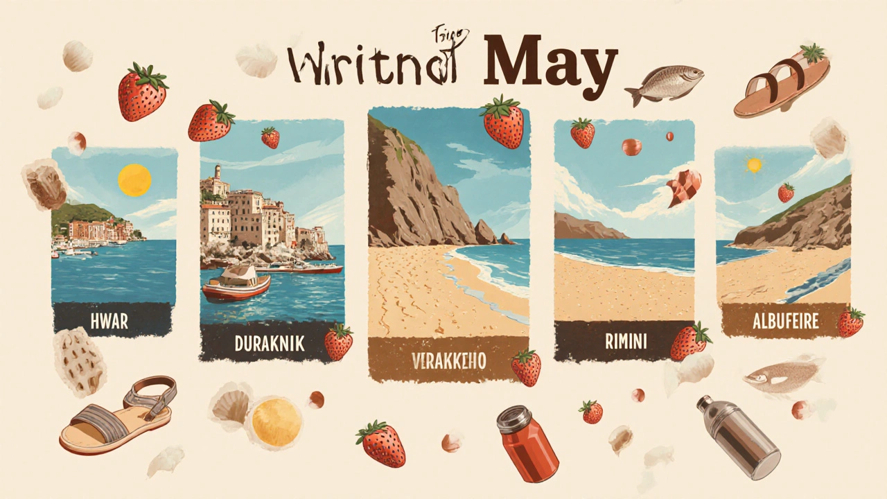 Klasickej styl cestovního plakátu s pěti letními destinacemi v květnu, bez textu, s ikonami teplé vody a klidu.