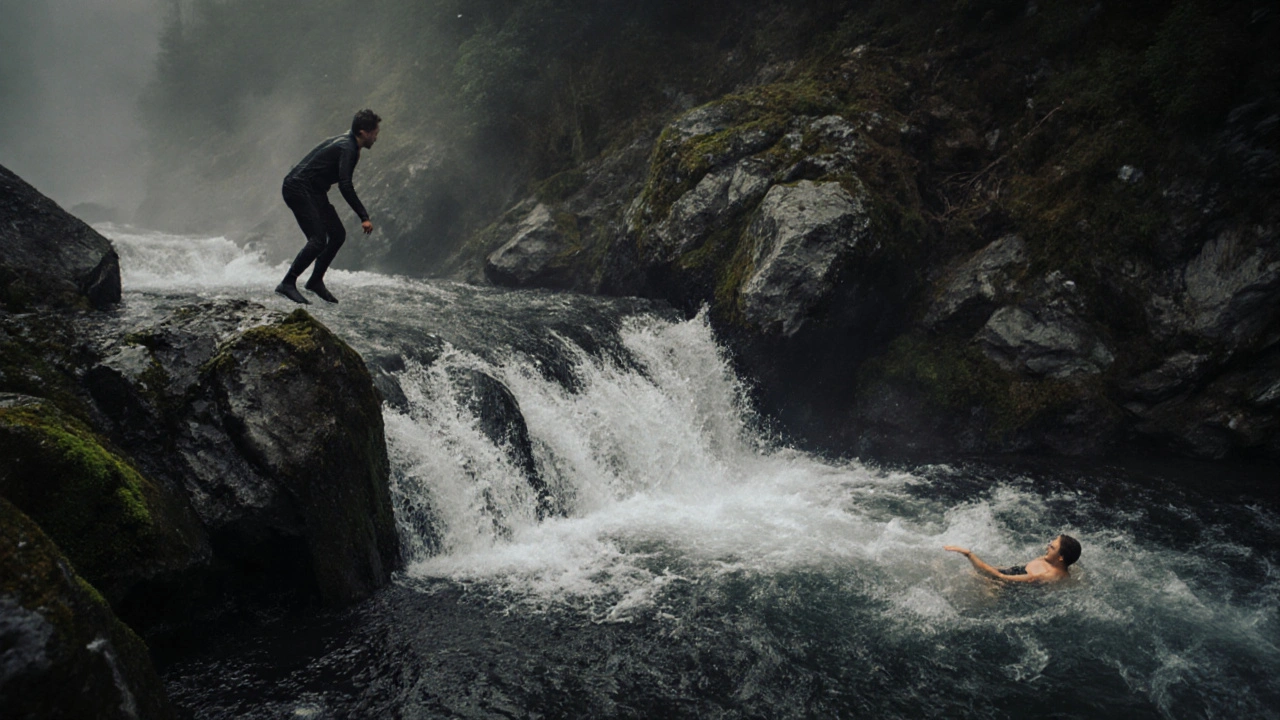 Odvážní plavci skáčou z kamenů do hlubokých kaluží u Větrova, řeka tekoucí přes vodopády.