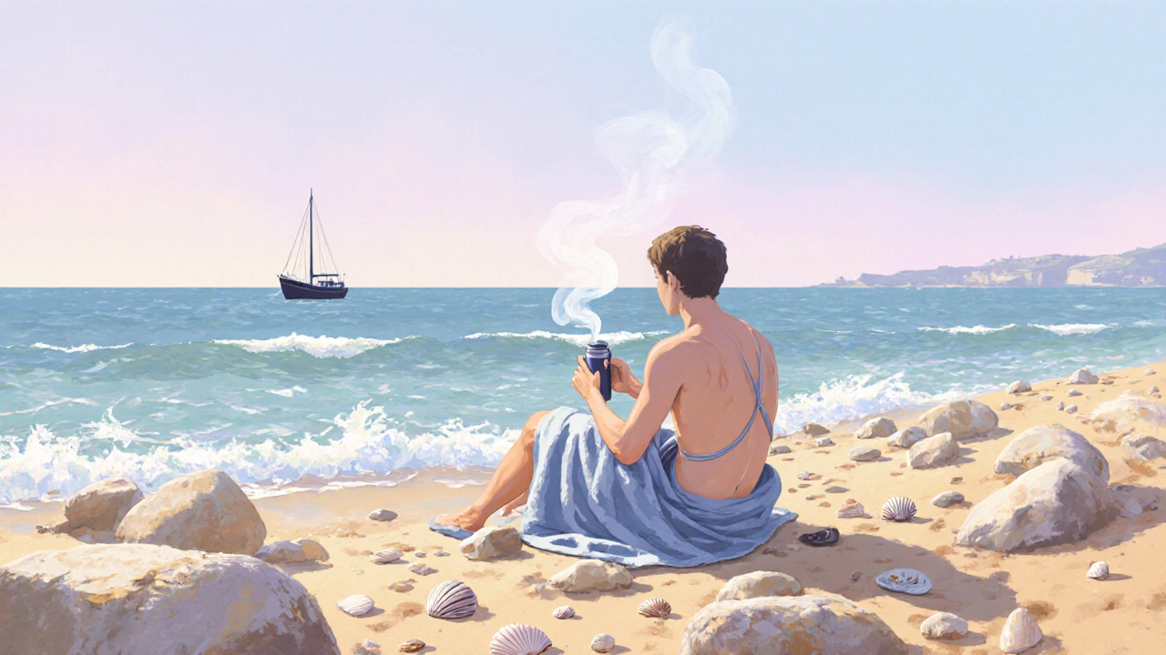 Samotný cestovatel sedí na skalnaté pláži v Portugalsku, obalený ručníkem, drží termosku a dívá se na moře.