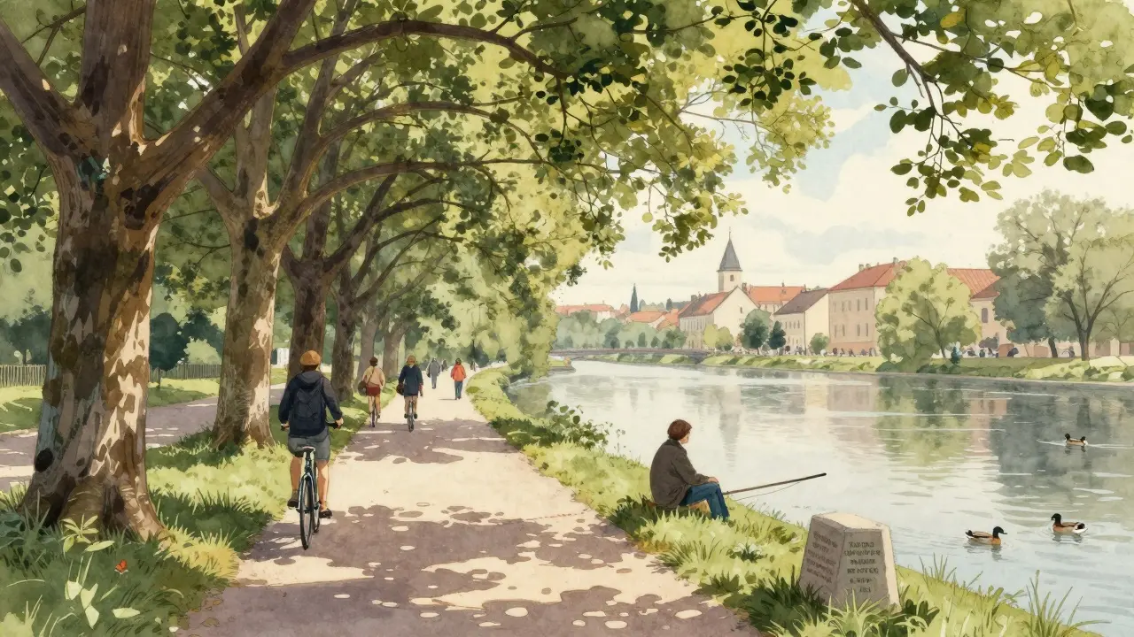 Chodník mezi koupalištěm a městem s cyklisty, rybáři a starými stromy.