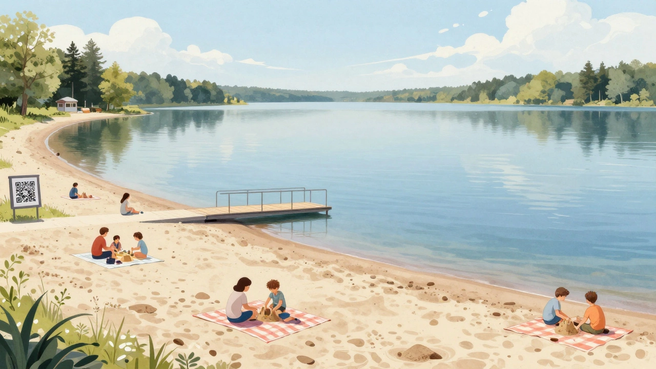 Klidné jezero s písečnou pláží, rodiny s pikniky a přístupem pro osoby se zdravotním postižením.