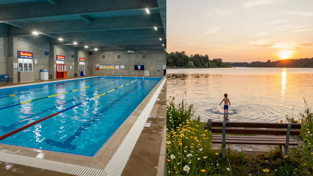 Kontrast mezi komerčním bazénem a přírodním koupalištěm Budějovický luh.