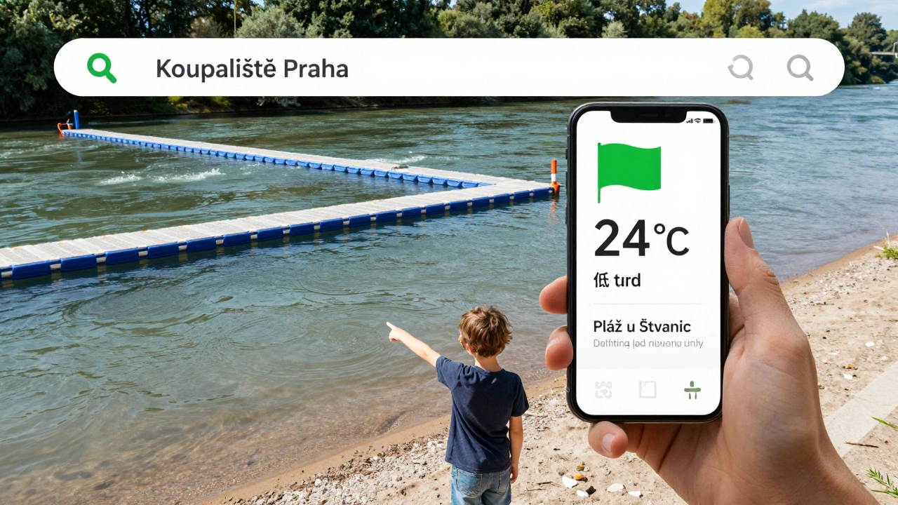 Osoba s chlapcem sleduje kvalitu vody na mobilu, zatímco plavecký pás plave po řece.