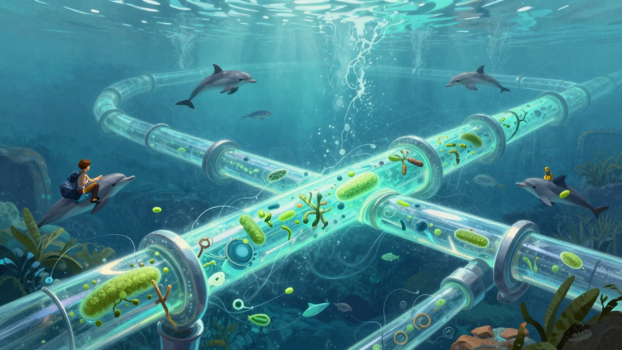 Průhledný systém čištění vody s bakteriemi a rybami proudícími skrz filtry.