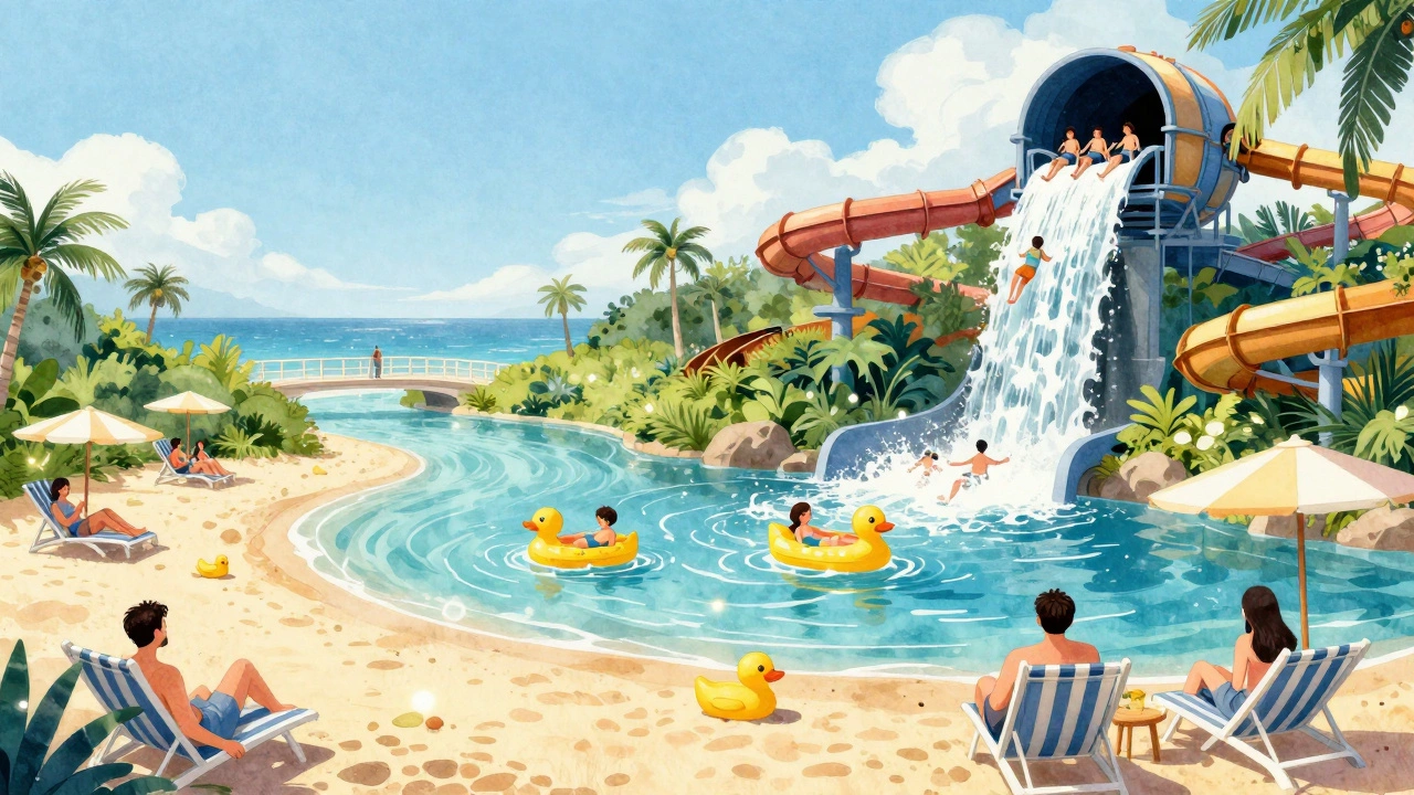 Rodina se baví na klidné řece, na pláži a na extrémní skluzavce v jednom parku.