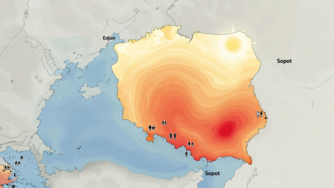 Teplotní mapa polského pobřeží s nejteplejšími oblastmi kolem Sopotu a Ustky