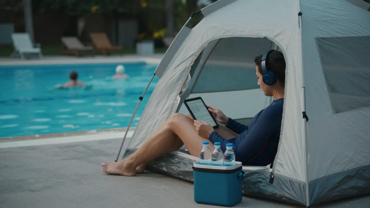 Dospělý si odpočívá pod stínem na klidném koupališti, čte na vodotěsném tabletu se sluchátky.