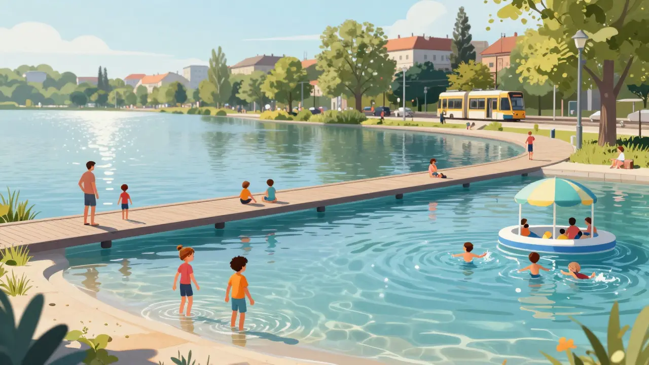 Moderní koupaliště na Rybníku České Budějovice s rodinami a dětmi ve vodě a plovoucími chodníky.