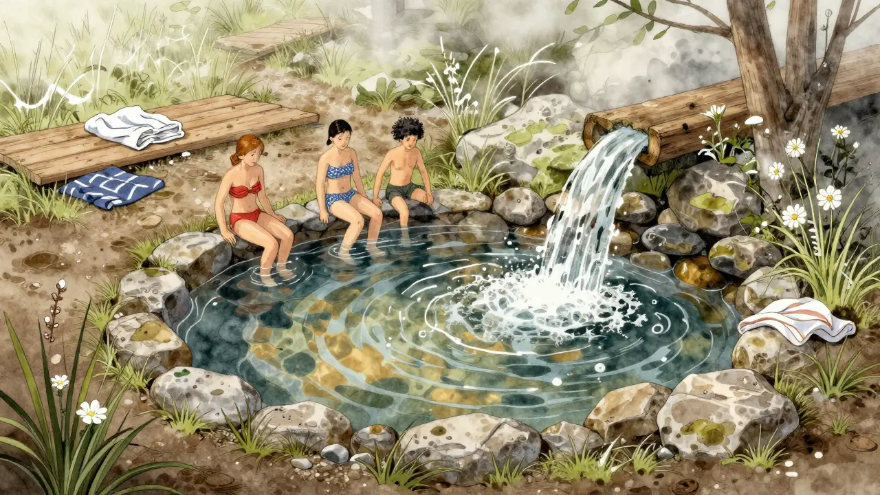 Přírodní pramen u Křtiny s lidmi koupajícími se v teplé vodě mezi kameny a prvními květy.