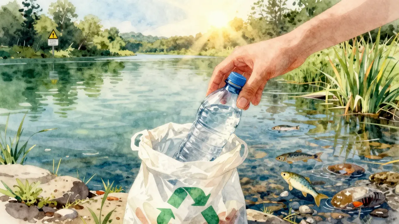 Ruka uklízí plastovou láhev z břehu řeky, zatímco za ní se dělí příroda na čistou a znečištěnou.