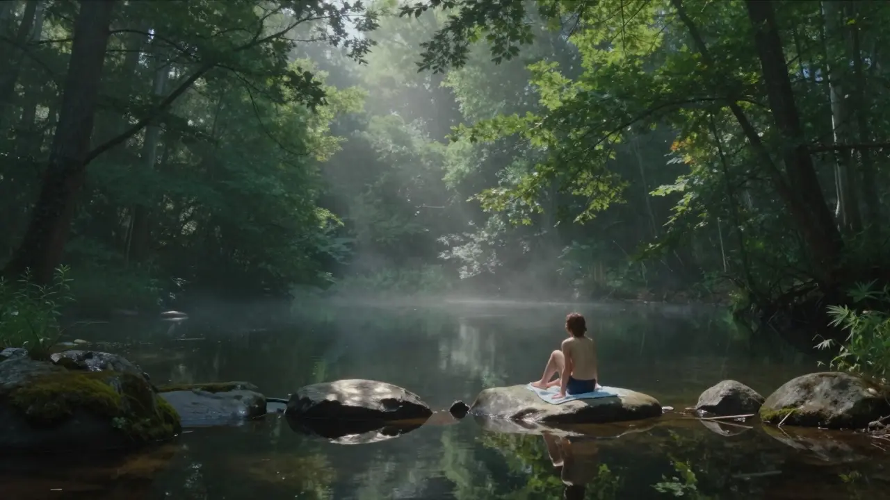 Skrytá přírodní louka Jeřábek s jedinou osobou na břehu v lesním klidu.