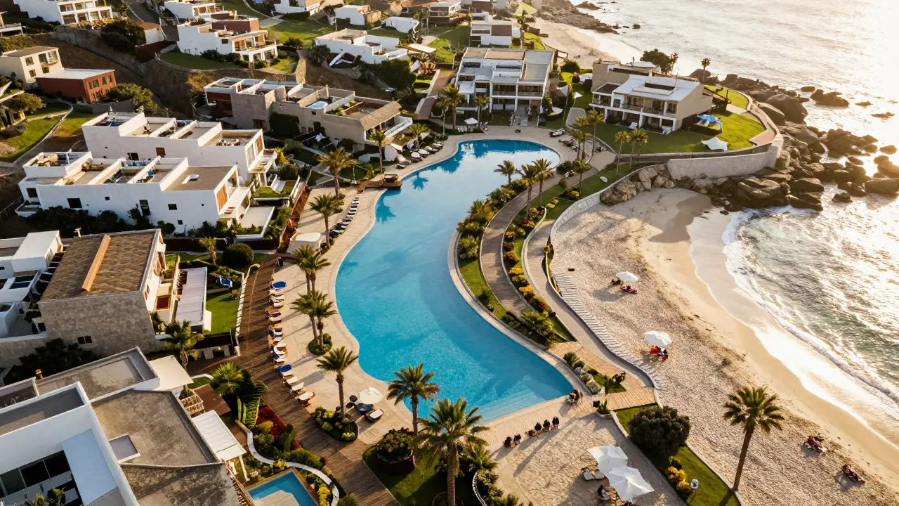 Aerální pohled na vinoucí se bazén procházející luxusním bytovým komplexem.