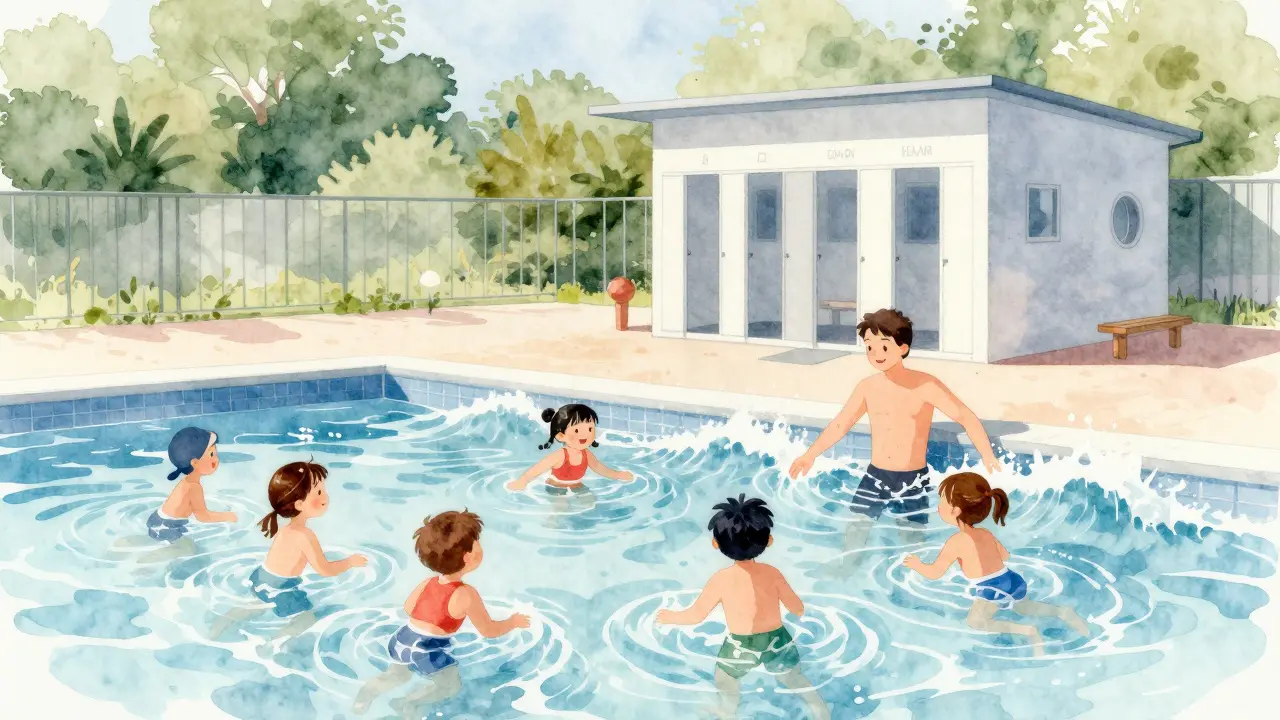 Děti učí se plavat v Městských koupalištích s umělými vlnami