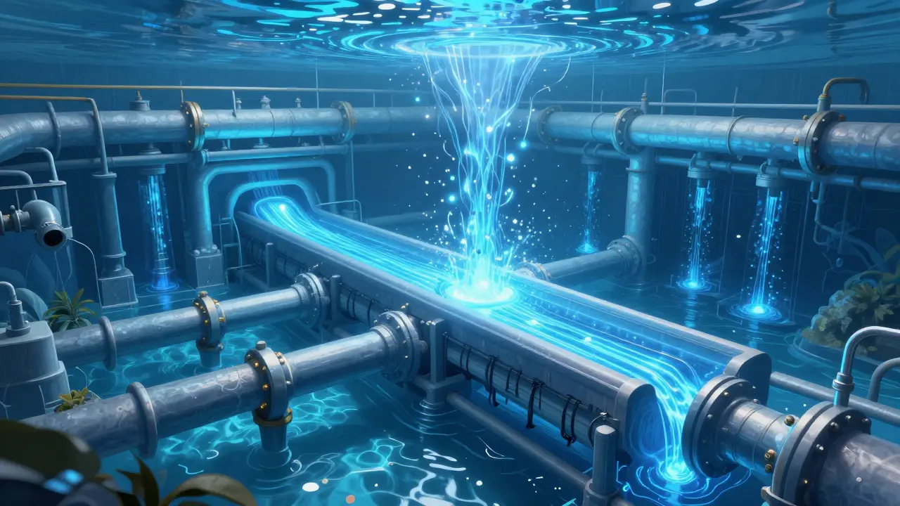 Koncepční znázornění systému čištění 250 milionů litrů mořské vody denně.