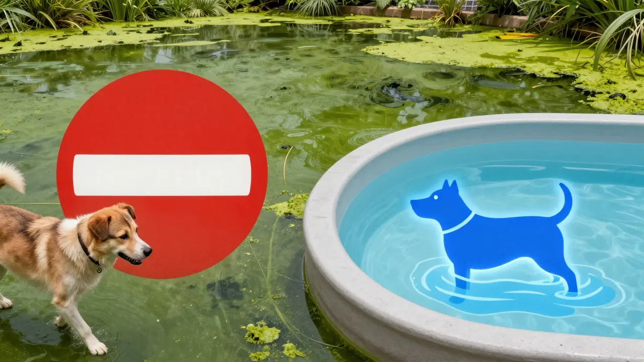 Kontrast mezi nebezpečnou znečištěnou vodou a bezpečným psím koupalištěm s jasnou značkou pro psy.
