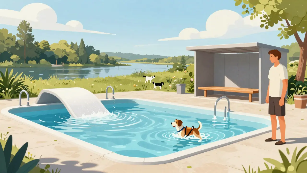 Moderní psí koupaliště v Praze 5 s rampou, kohoutky pro mytí a stíněnou zónou pro psy a jejich majitele.