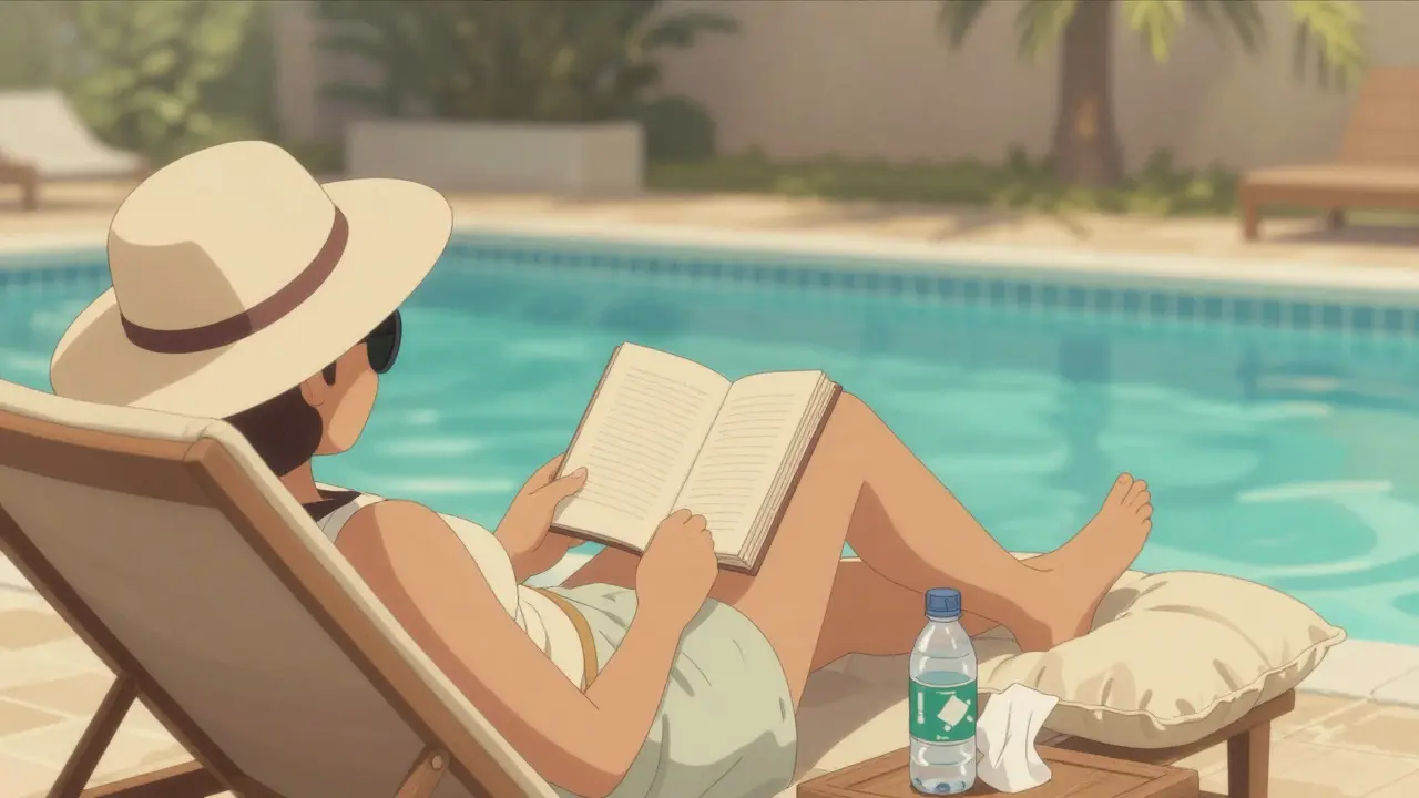Osoba odpočívá na židli u bazénu s knihou, vedle ní láhev vody a papírový kapesník, pozadí s vodou a stromy.