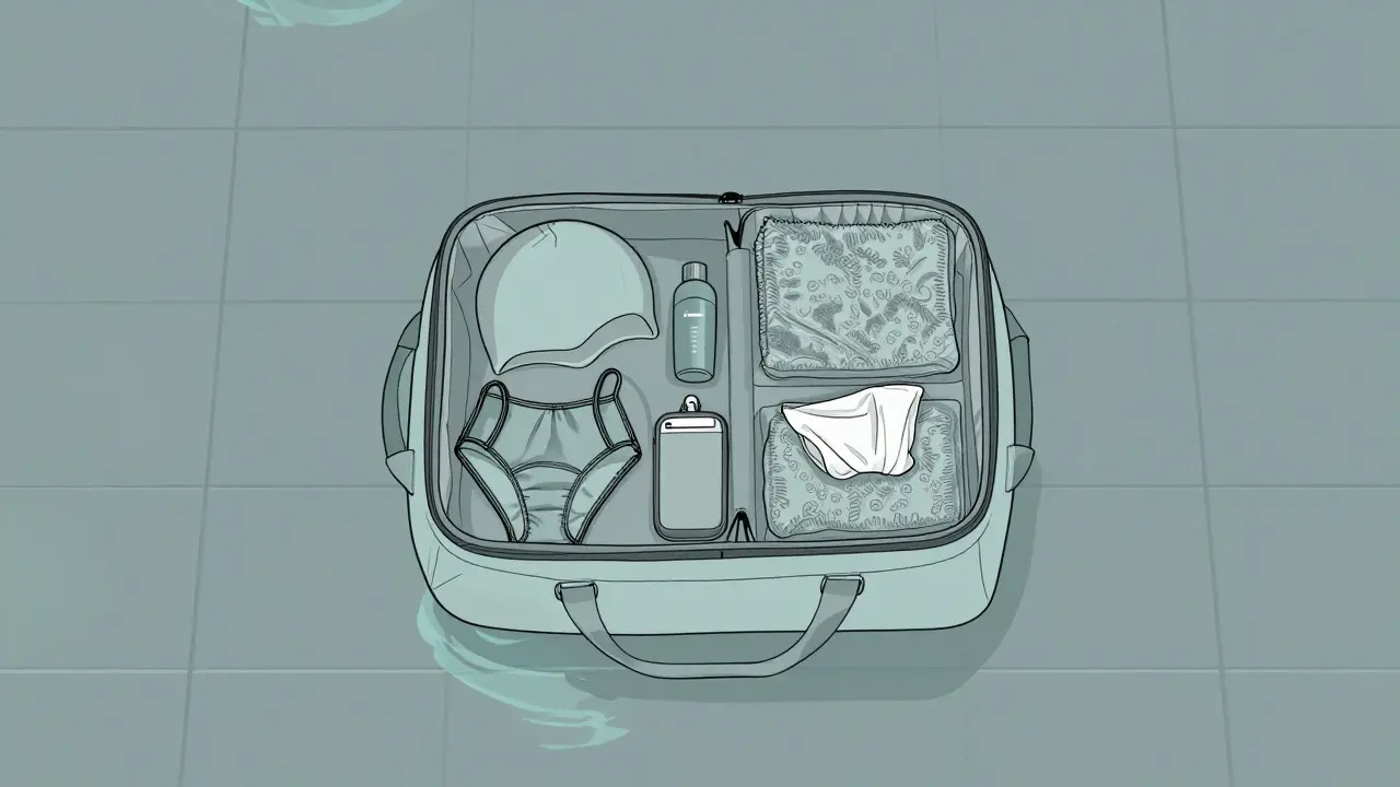 Otevřená taška s plavkami, čepicí, krémem a ručníkem na kachličkách, jemný odraz vody, minimalistický styl.