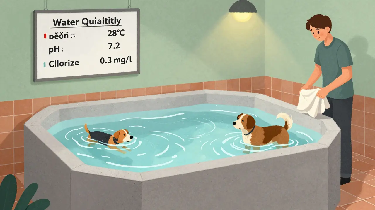 Zahřívané koupaliště pro zvířata v Děčíně s dvěma oddělenými bazénymi a tabulí s kvalitou vody.