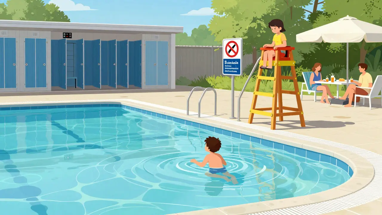 Dítě hraje v mělké dětské zóně koupaliště s čistou vodou a moderními šatnami na pozadí.