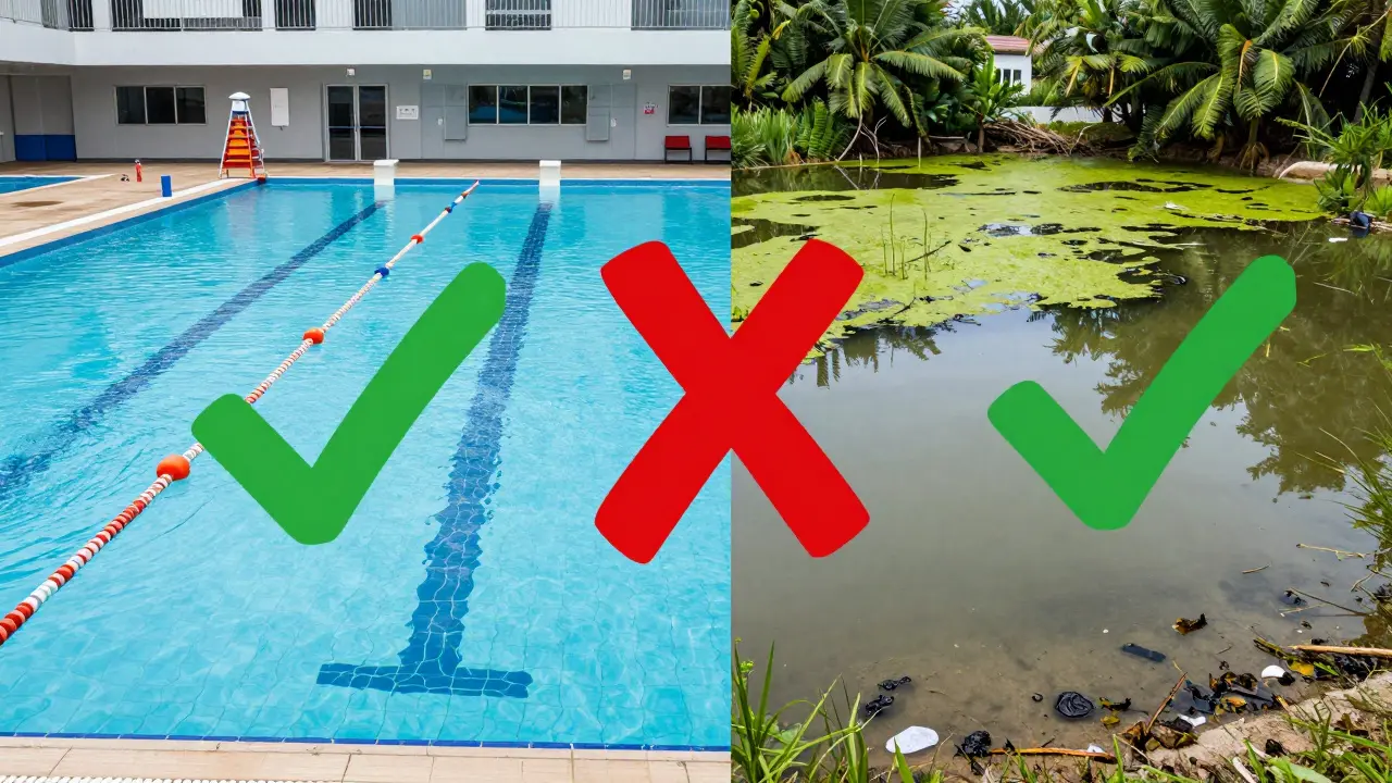 Kontrast mezi bezpečným koupalištěm s čistou vodou a nebezpečným přírodním rybníkem s řasami a zvířecími výkaly.