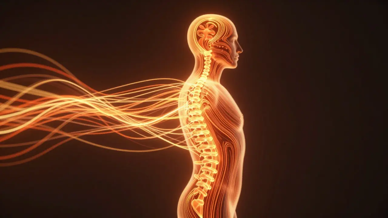 Umělecké znázornění energetického toku v lidském těle při tantrickém rituálu.